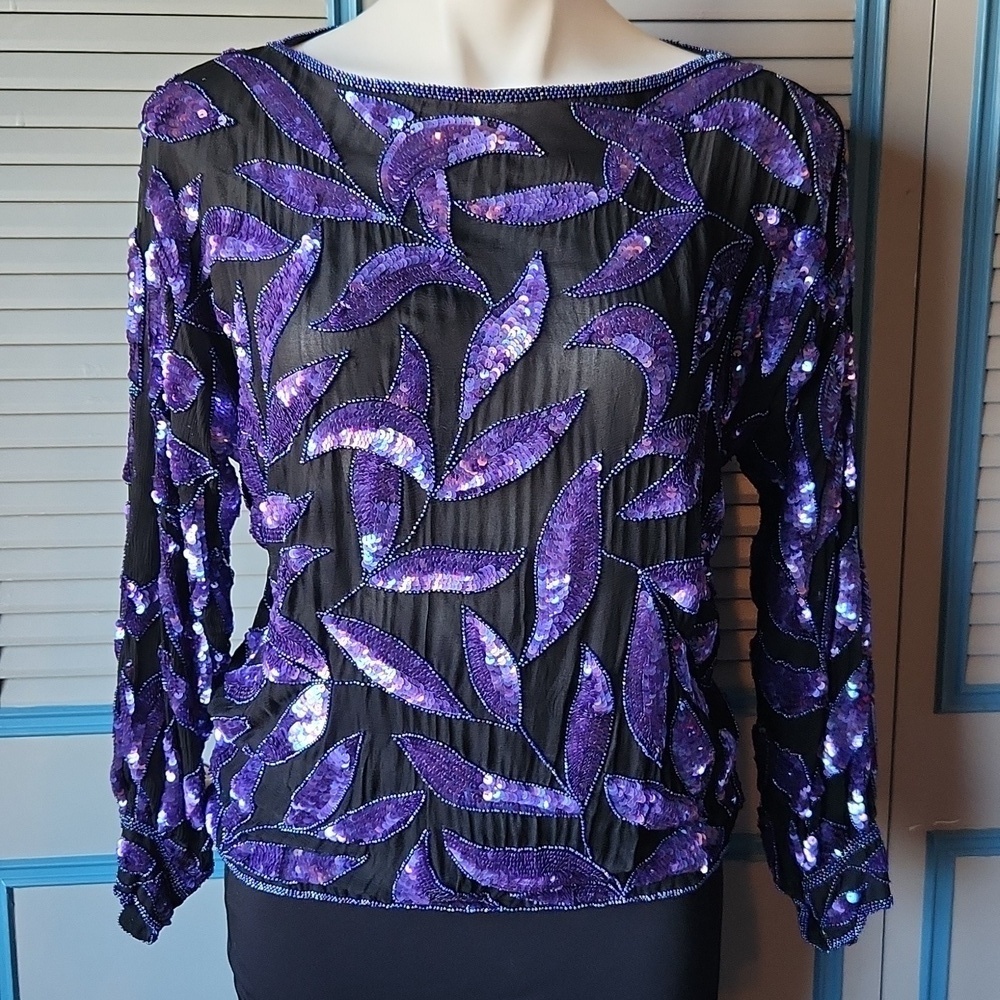 Vintage Black and Purple Sequin Top - Picture 2 of 12